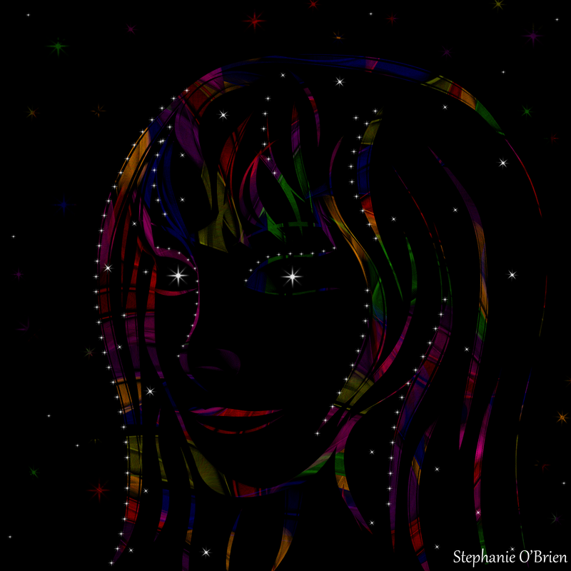 The face of a woman drawn in multicolored lines and stars, with a black background.