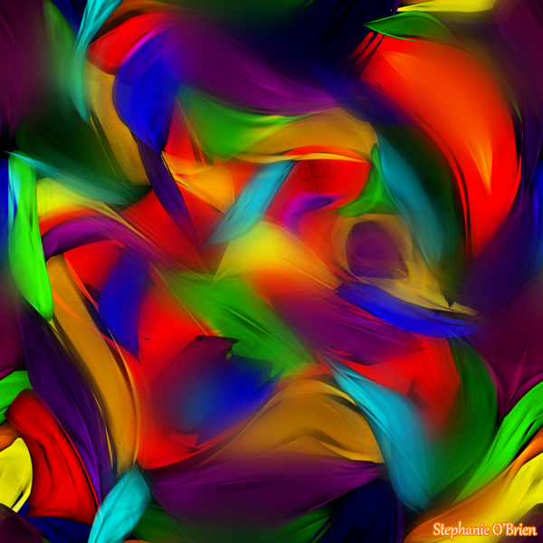 A chaotic tangle of abstract rainbow shapes.