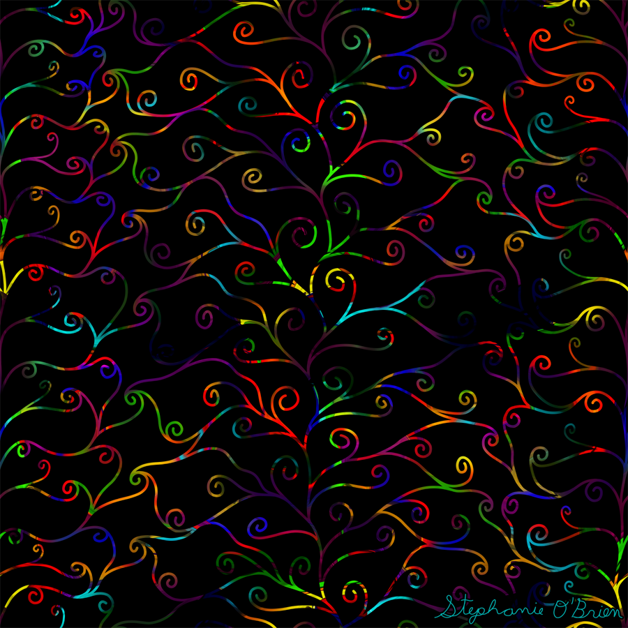A complex weave of rainbow spirals on a black background