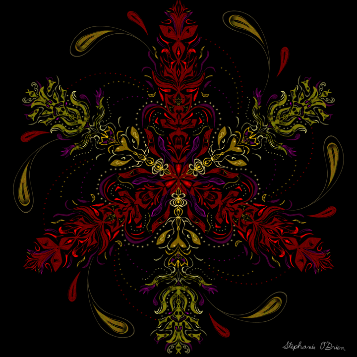 A six-pronged symmetrical pattern with three prongs of elegant gold, and three of ominous red. Red and gold teardrops swirl around it, and small purple decorations flesh it out.