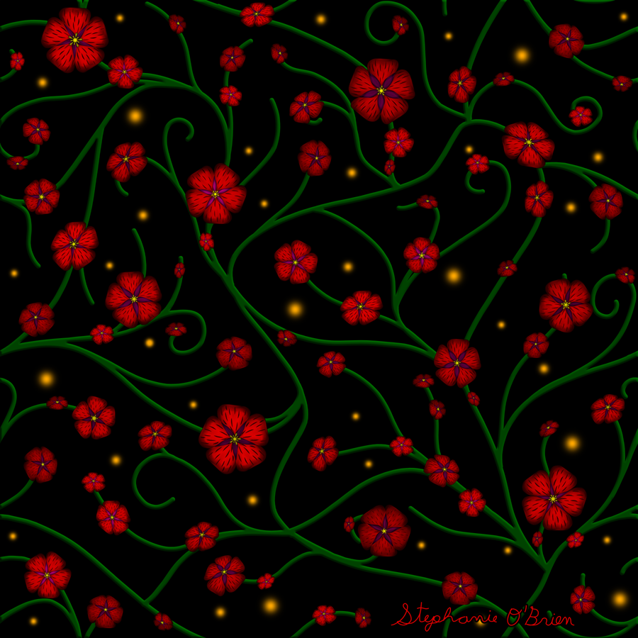 Five-petaled red flowers on curving green vines among golden lights on a black background.