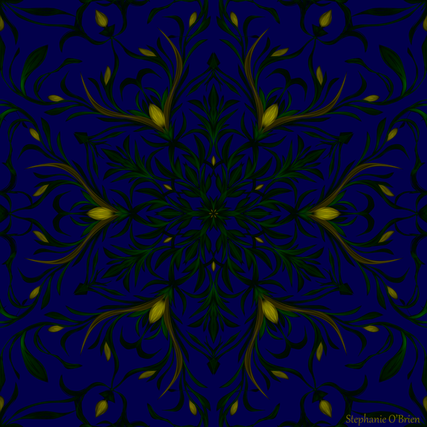 A symmetrical, six-pronged pattern of dark green seaweed with luminous yellow blossoms in a dark blue sea.