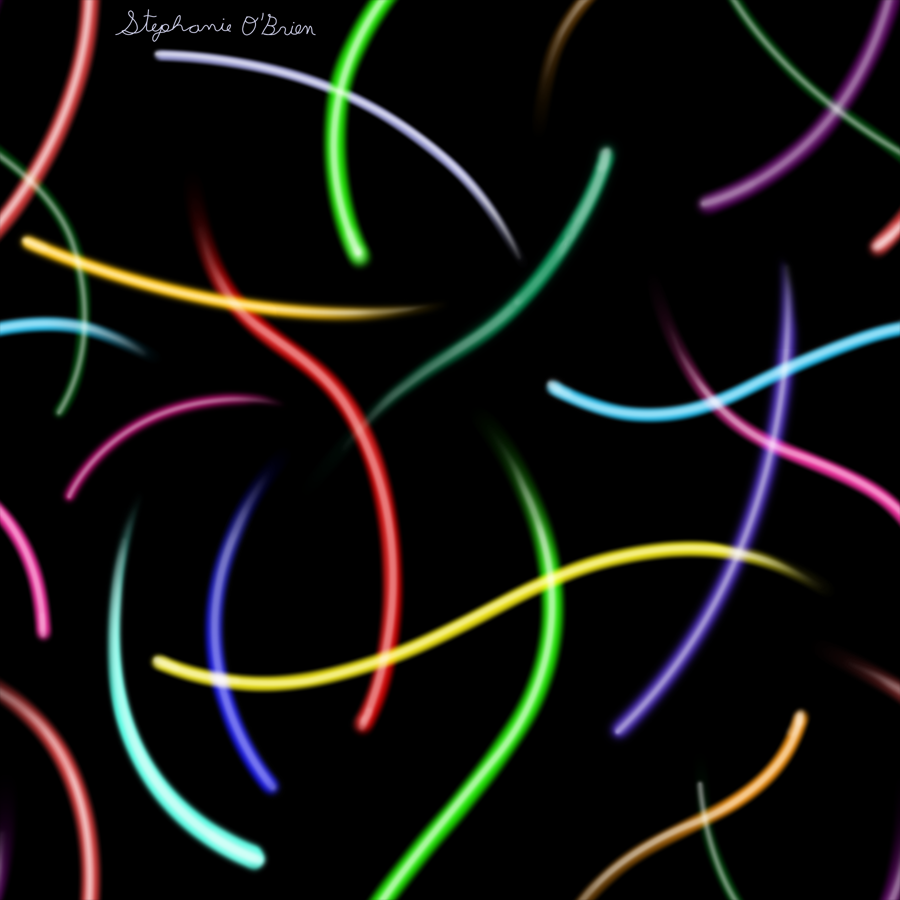 Streaks of shining color curving across a background of black