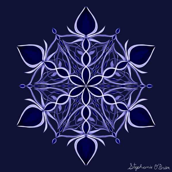 A blue and silver snowflake on a dark blue background.