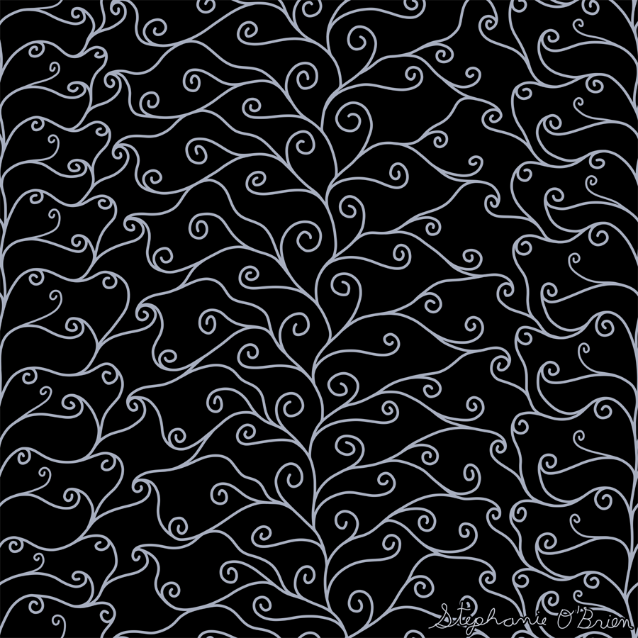 A complex weave of silver spirals on a black background