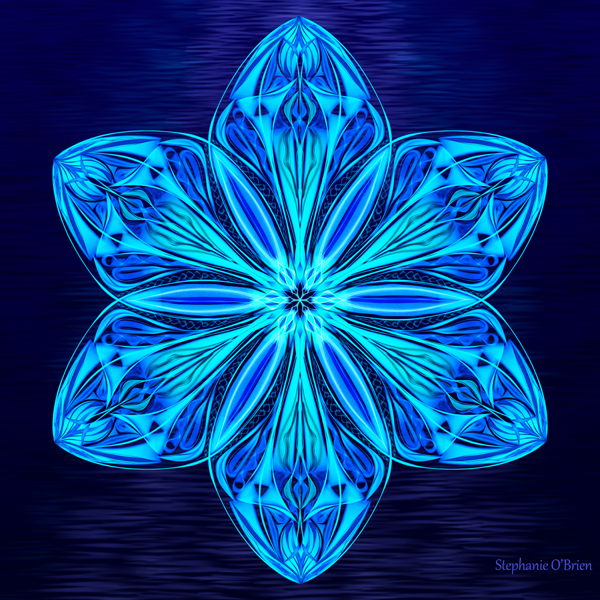 A soft-edged cerulean snowflake drifting above a gently rippling moonlit sea.