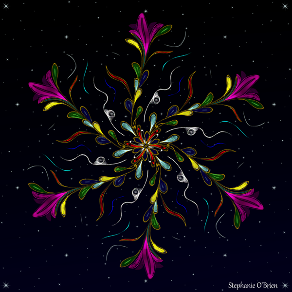 A six-pronged symmetrical pattern of vines and multicolored flowers, hovering in space.