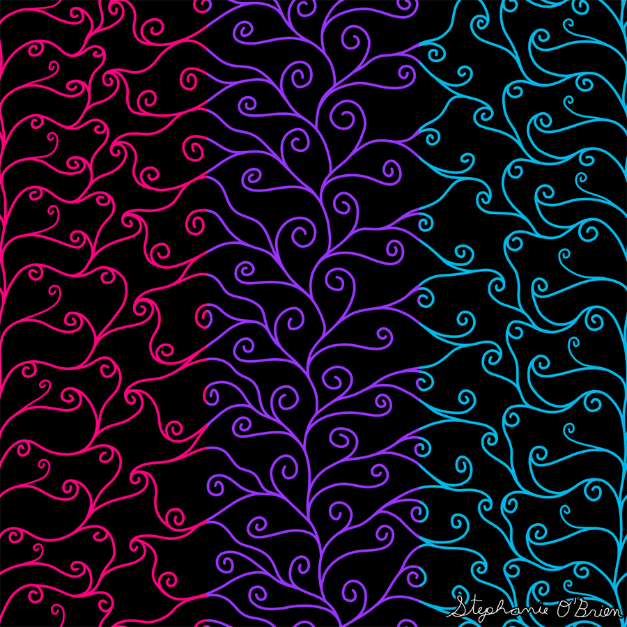 A complex weave of spirals in the colors of the androgyne flag, on a black background.