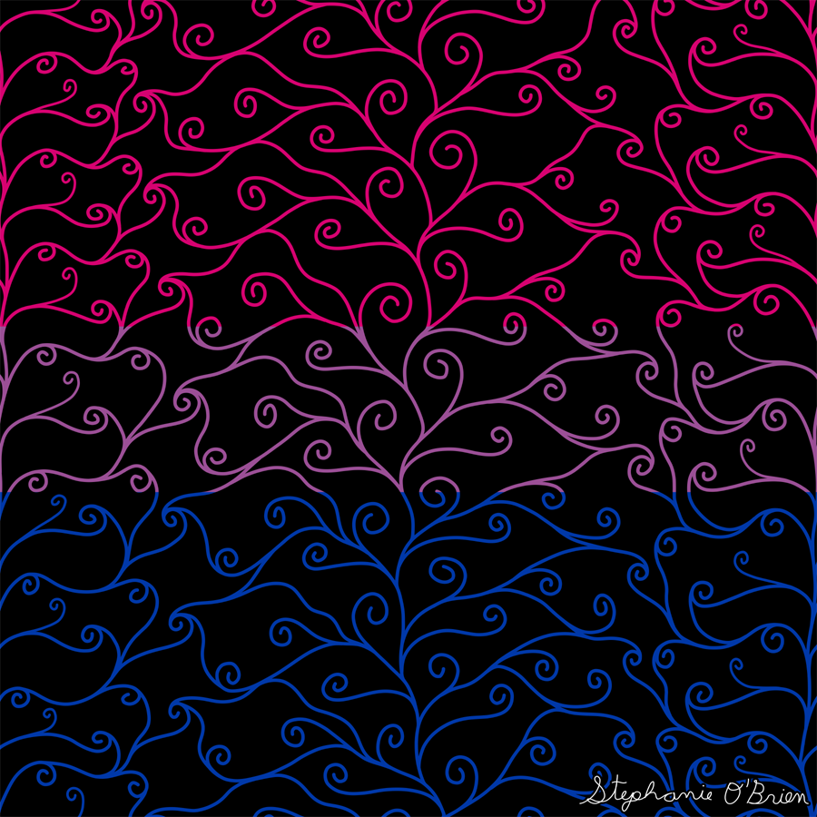 A complex weave of spirals in the colors of the bisexual flag, on a black background.