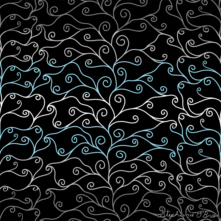 A complex weave of spirals in the colors of the demiboy flag, on a black background.
