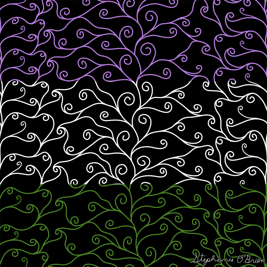 A complex weave of spirals in the colors of the genderqueer flag, on a black background.