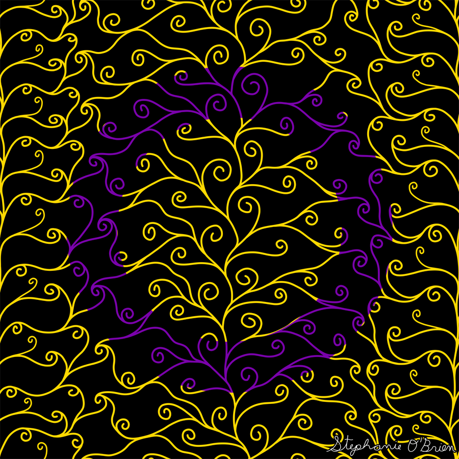 A complex weave of spirals in the colors of the intersex flag, on a black background.