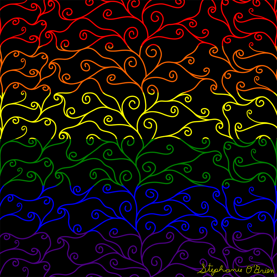 A complex weave of spirals on a black background, in the colors of the LGBTQ flag