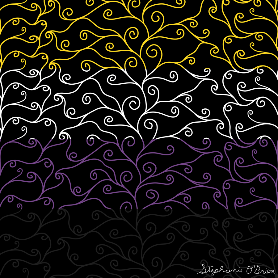 A complex weave of spirals in the colors of the nonbinary flag, on a black background.