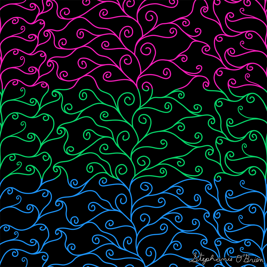 A complex weave of spirals in the colors of the polysexual flag, on a black background.