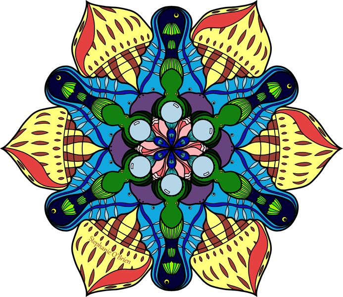 A collection of sea creatures nestled together in an interlocking, symmetrical six-pronged shape.