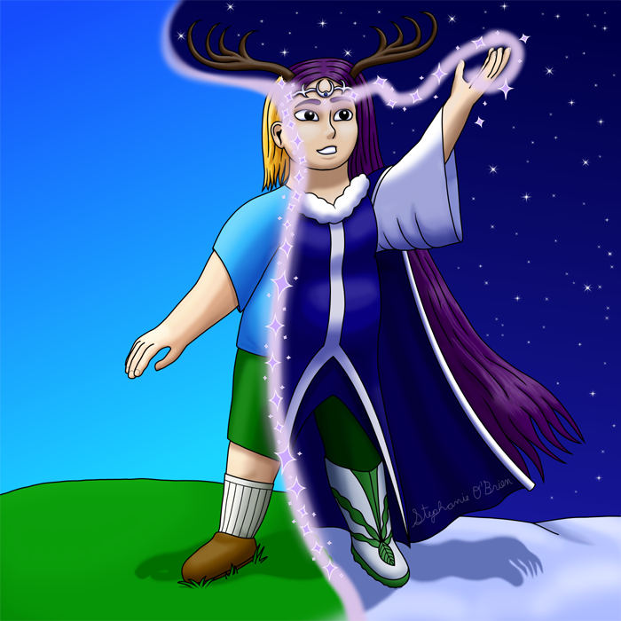 A blonde girl with a sky-blue T-shirt, green shorts, and brown shoes stands on a sunny hill. She’s casting a spell that’s transformed one side of her into an antlered, purple-haired fae, with a blue cape and winter coat, green leggings, and a silver boot with leafy green decorations.