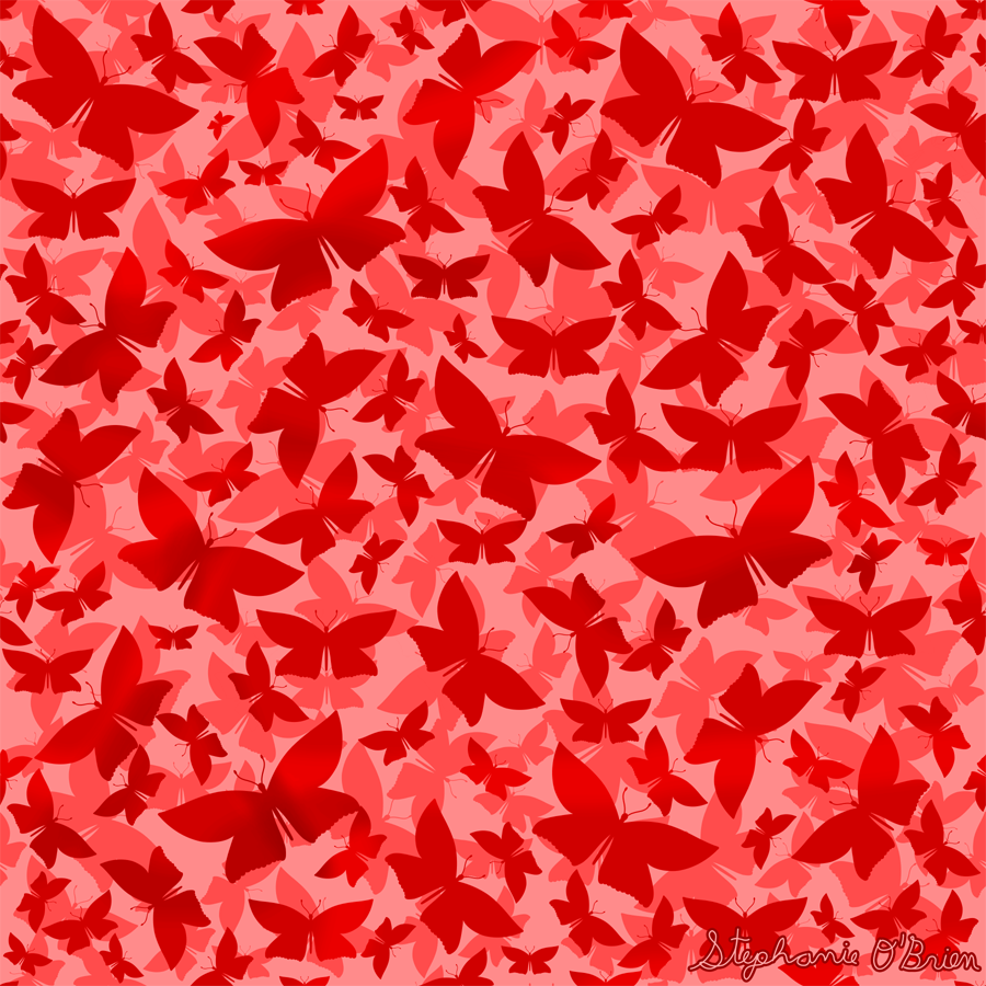 A cloud of butterflies in shades of red.