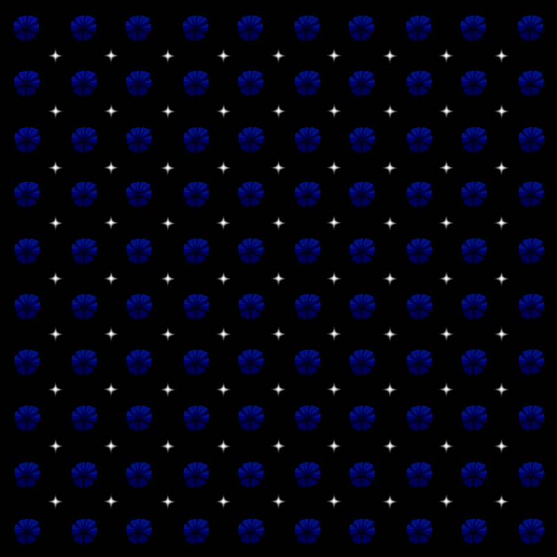 Rows of dark blue flowers, interspersed by rows of white stars.