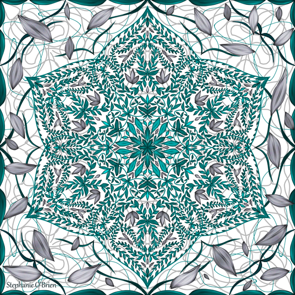 A symmetrical snowflake pattern made of teal and silver leaves and vines on a white background.