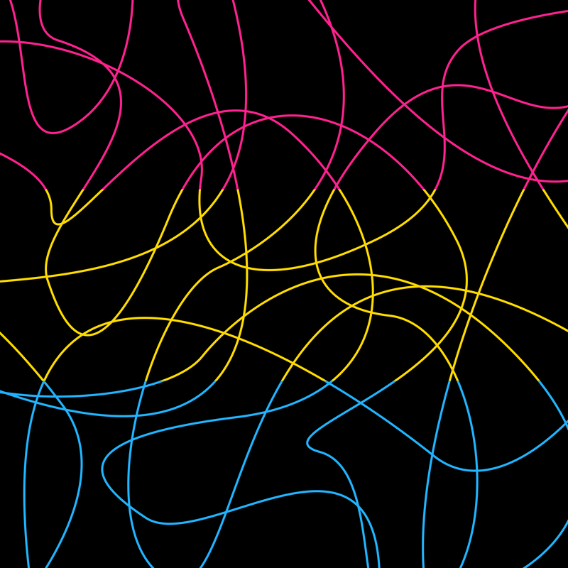 A black background covered with graceful, swooping threads in the colors of the pansexual pride flag