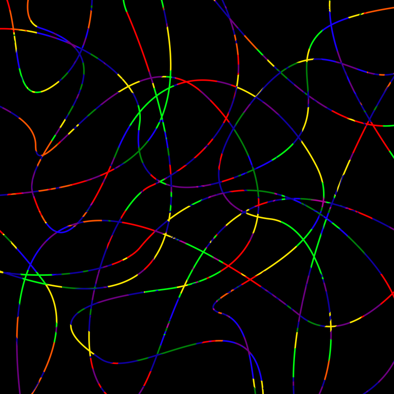 A graceful, abstract weave of dappled rainbow threads on a black background
