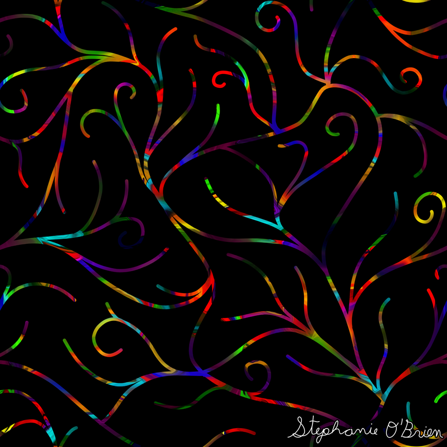 Leafless rainbow vines curling across a black background