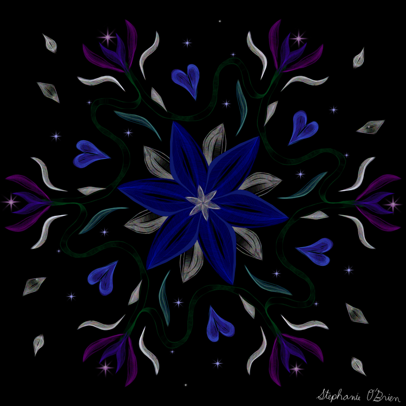 A blue flower surrounded by hearts and abstract shapes, on a black background.