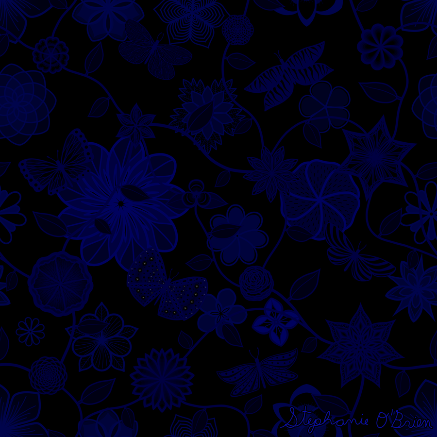 A garden of flowers and butterflies in shades of dark blue, on a black background.