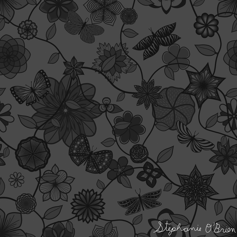 A garden of flowers and butterflies in shades of grey.