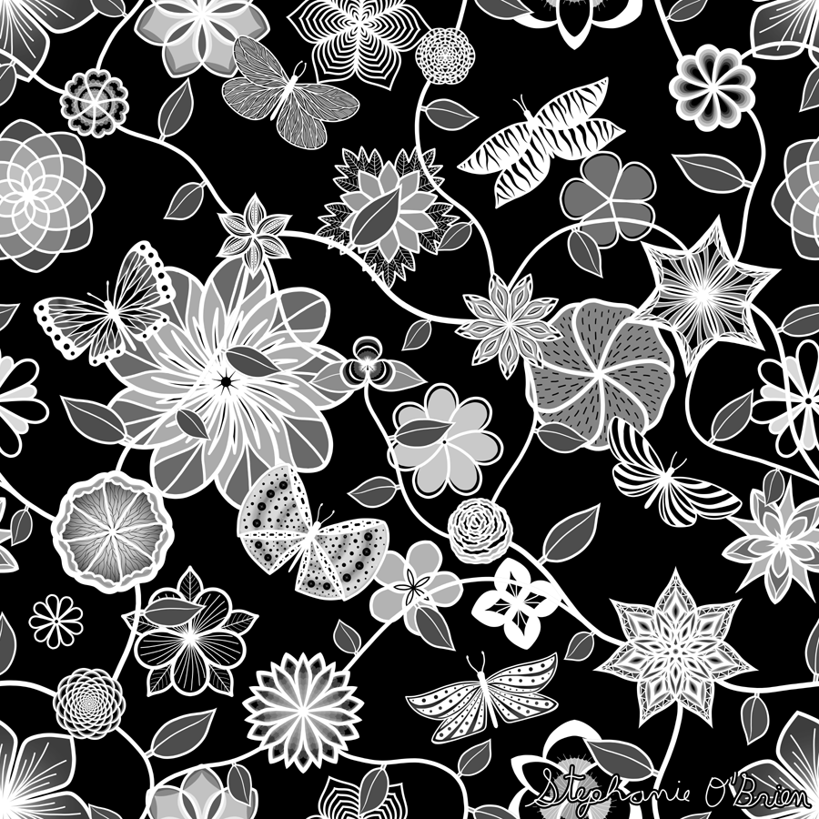 A garden of flowers and butterflies in shades of grey and white, on a black background.