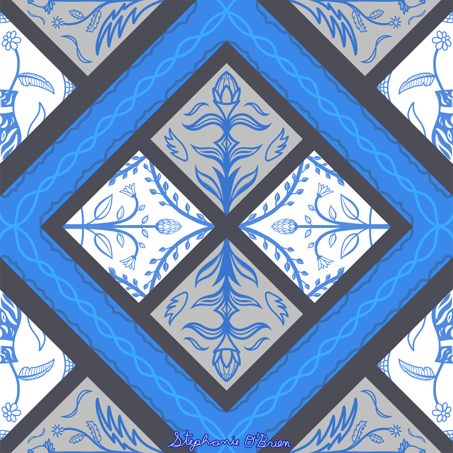 A diamond-shaped floral tile pattern in blue, grey and white.