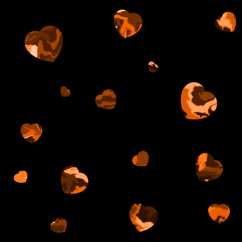 A scattering of dappled orange hearts on a black background.