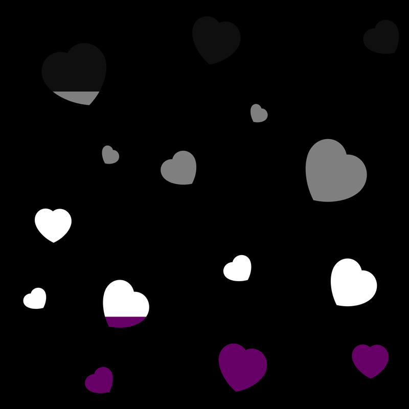 A black background with heart cutouts in the colors of the asexual flag