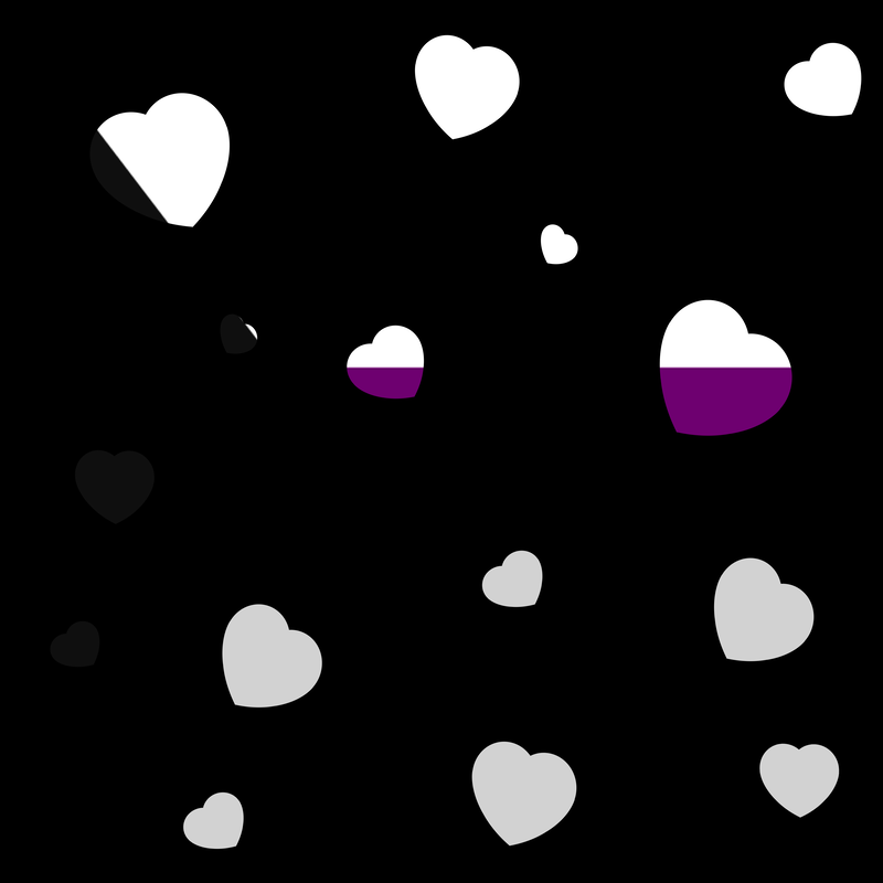 A black background with heart cutouts in the colors of the demisexual flag