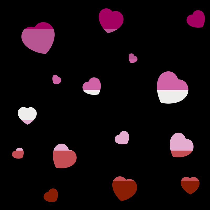 A black background with heart cutouts in the colors of the lesbian flag