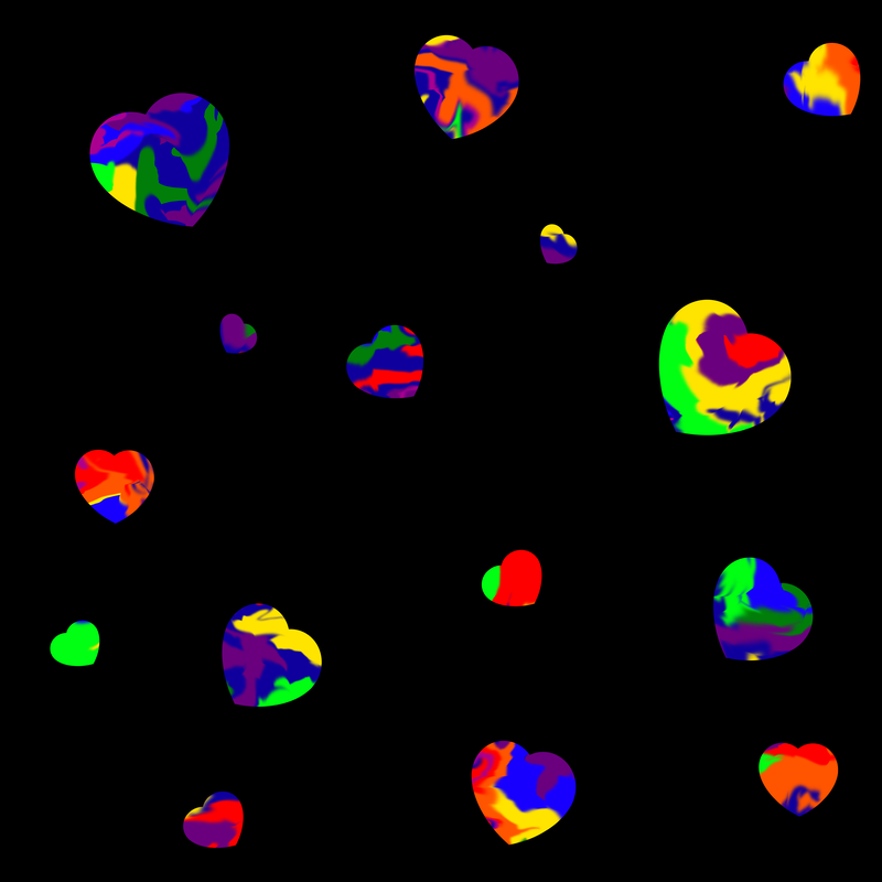 A scattering of dappled rainbow hearts on a black background.