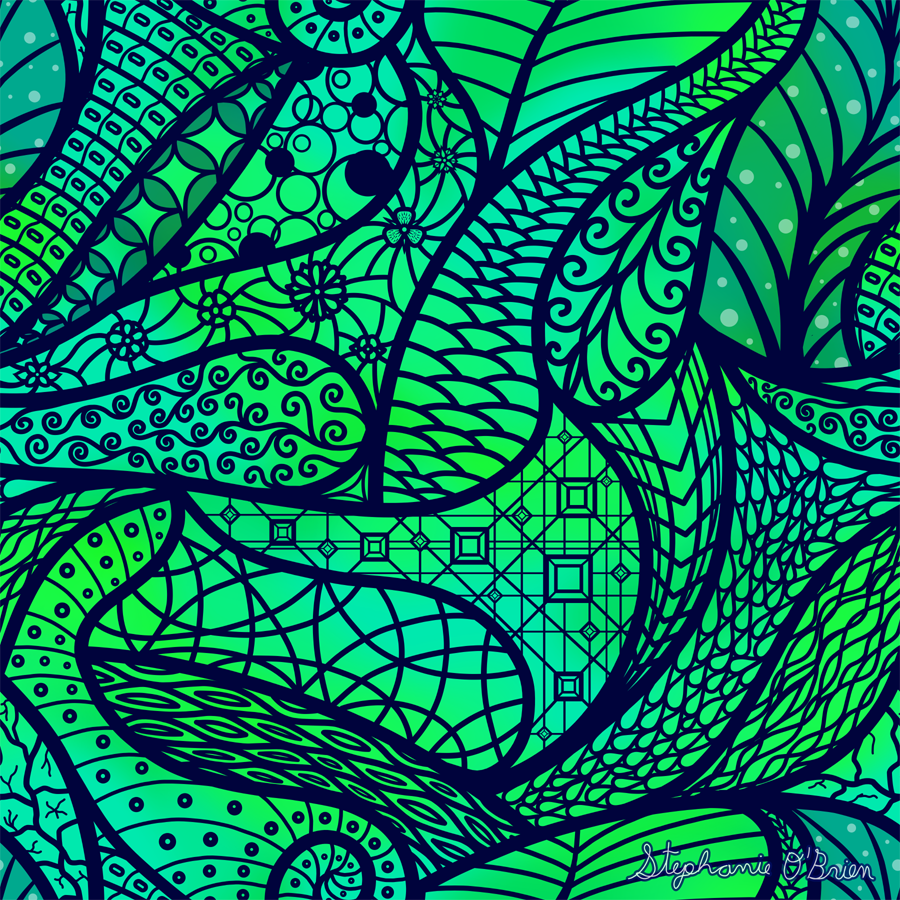A green and teal background with abstract dark blue foreground patterns