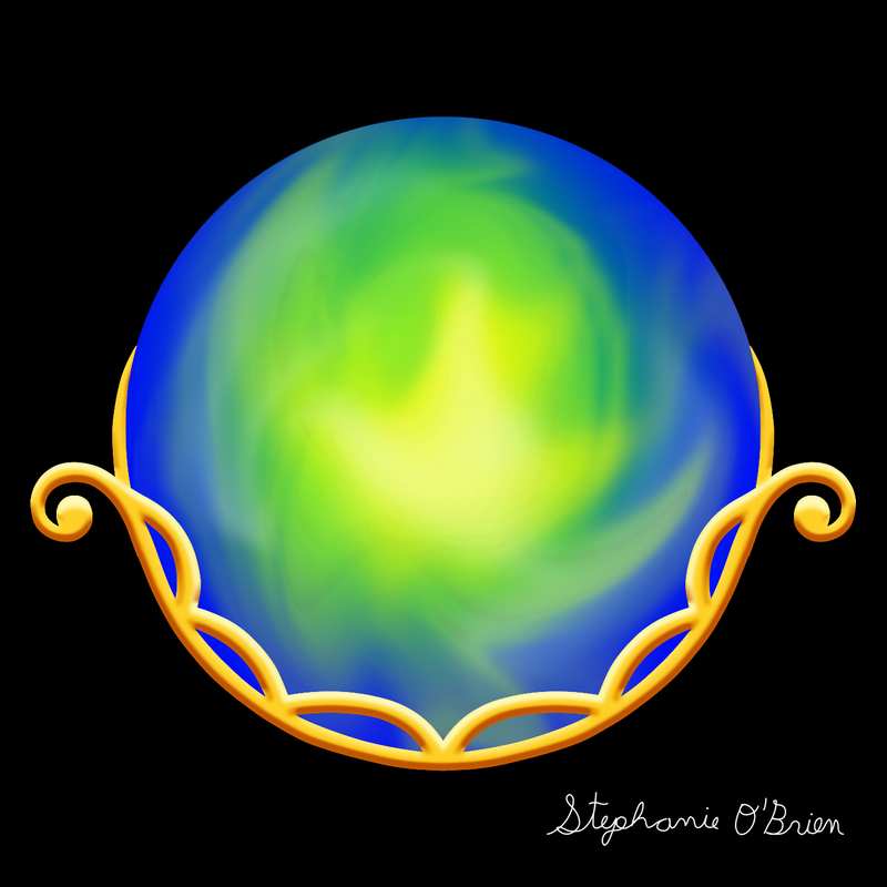 A blue, green and yellow planet, cradled in a golden frame