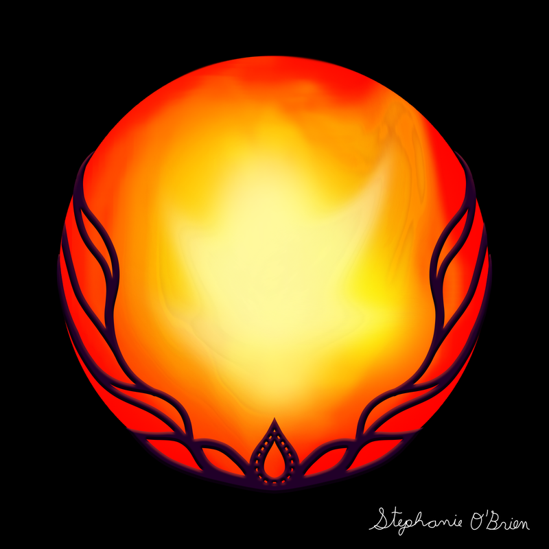 A fiery orange planet, cradled in a dark purple frame