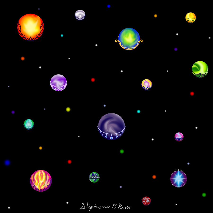 An assortment of fantasy planets floating in space, embraced by fancy frames