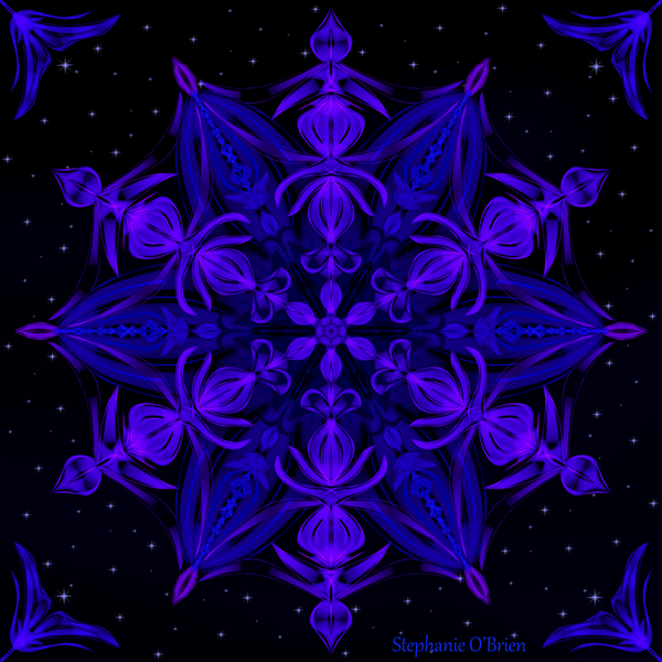 A fancy violet snowflake drifting in a starry sky.