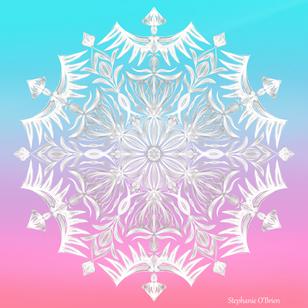 A crystalline white snowflake with branches like bladed wings. A gradient pastel sunrise of pink, purple and blue glows in the background.