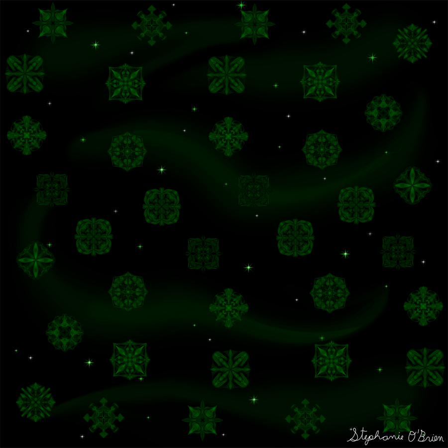 Green snowflakes drifting in space, backed by green stars and mist.