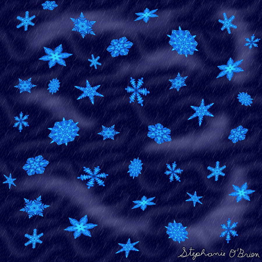 A scattering of sky-blue snowflakes in a stormy, rainy sky.
