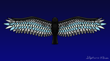 A raven whose wings show the colors of the demiboy pride flag.
