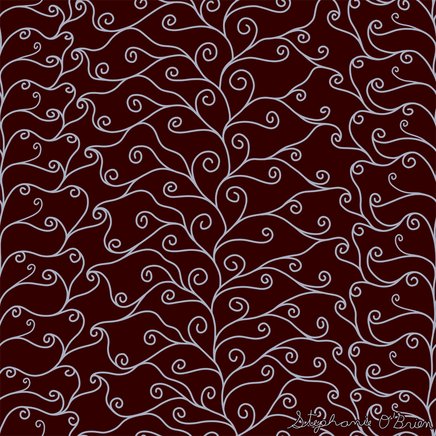 A complex weave of silver spirals on a dark red background