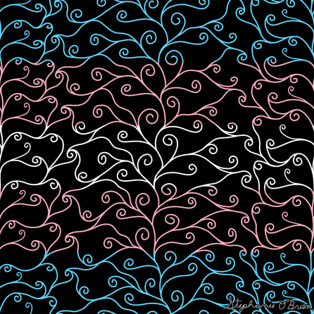A complex weave of spirals in the colors of the transgender flag, on a black background.