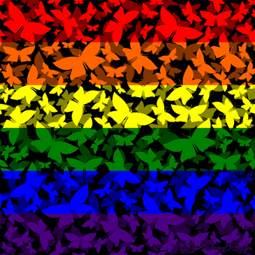 A cloud of butterflies in the colors of the LGBTQ flag.
