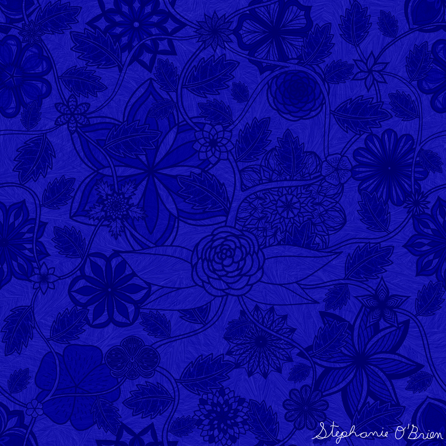 A garden of fantastical flowers in shades of blue.